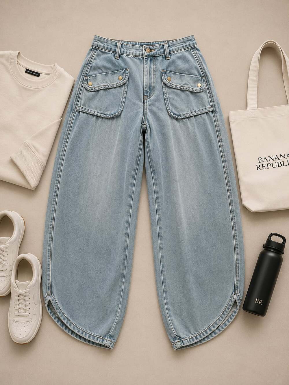 Women's Balloon Drawstring Jeans Barrel Sz Med (g17)